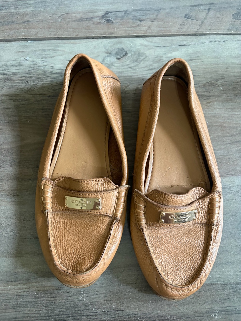 Coach Leather Penny Loafers in Tan with Gold Accent